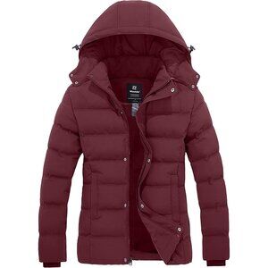 Women's Thicken Wine Red Quilted Puffer Hooded Jacket Coat Warm Winter Removable